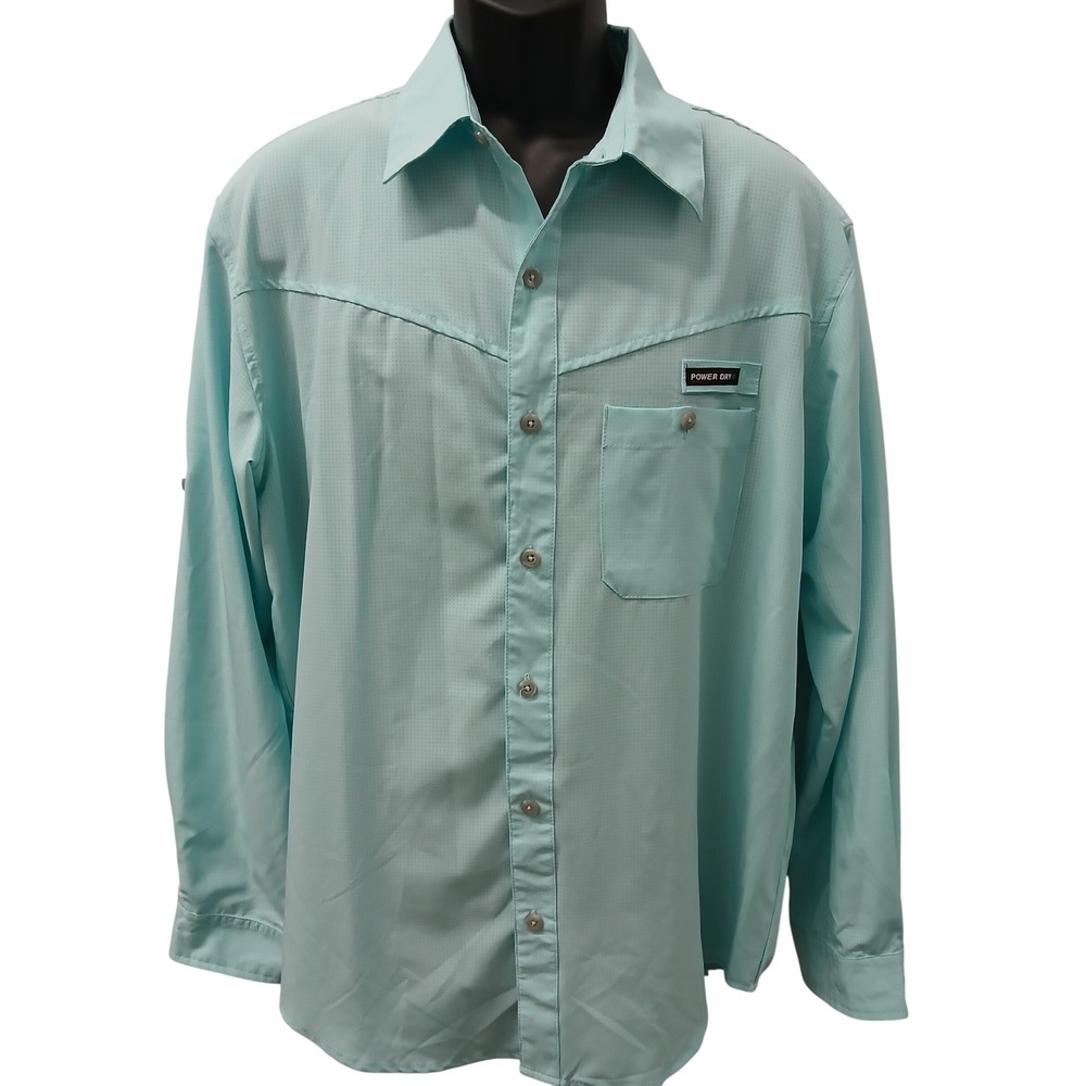 OK Mens Power Dry Fishing Shirt Long Sleeve Aqua Blue Ventilated Size Medium